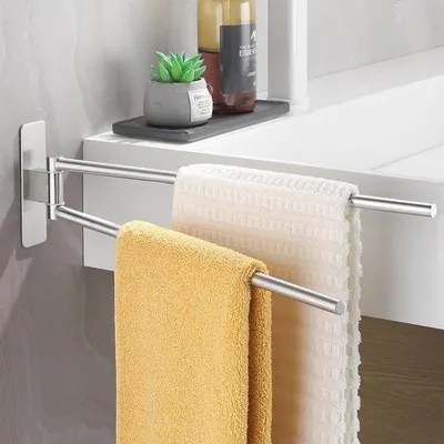 Zdjęcie produktu dla Podwójny wieszak na ręczniki, 40 cm, srebrny, samoprzylepny, obrotowy