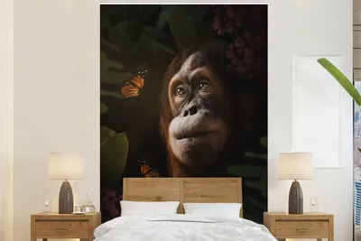 Produktbild von MuchoWow® Fototapete für Wohnzimmer oder Schlafzimmer Wandtapete Vinyl Motivtapete Schmetterling - Dschungel - Affe - 195x300 cm - Das Hintergrundbild