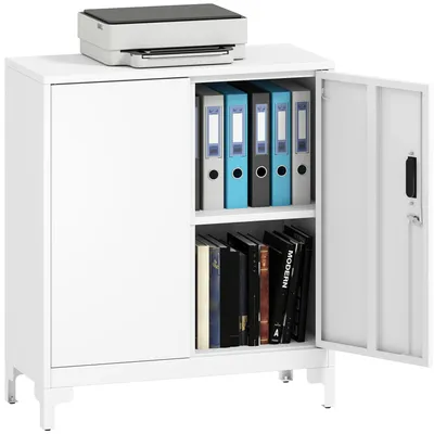 Obrázok produktu pre HOMCOM Mobilná kancelárska skrinka s 3 policami, 2 dvierkami a zámkom, 80x35x91 cm, biela