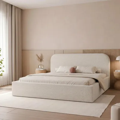 Obrázek produktu pro Čalouněná postel FUZZI 200x200, béžová tkanina, s úložným prostorem a roštem