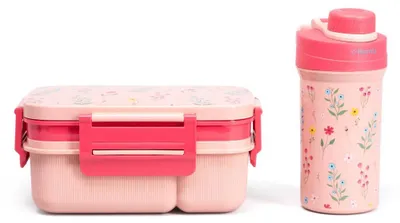 A pink lunchbox and a pink water bottle with a floral pattern are displayed against a white background.