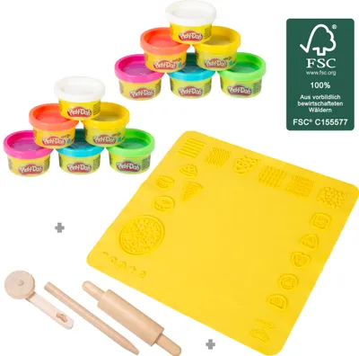 roba x Play-Doh Nachhaltiges Spielset - Extragroße 3D-Kreativmatte, 12 Knetdosen,Holzwerkzeuge - Pädagogisch wertvoll & spielbereit - Für Kinder