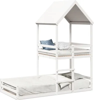 A white bunk bed with a house-shaped frame, set against a white background.