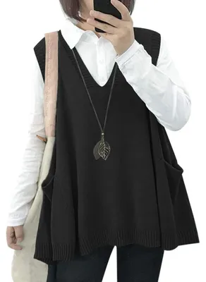 Productafbeelding van Janein dames pullunder, mouwloos, V-hals, gebreide vest, oversized gebreide vest