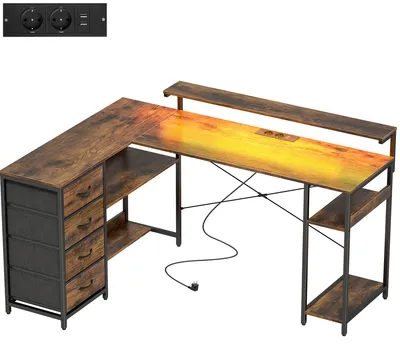 Obrázok produktu pre Herný písací stôl v tvare "L" s LED osvetlením a 4 zásuvkami | Farba: Rustikálna hnedá | Rozmery: 155 x 110 x 91,4 cm