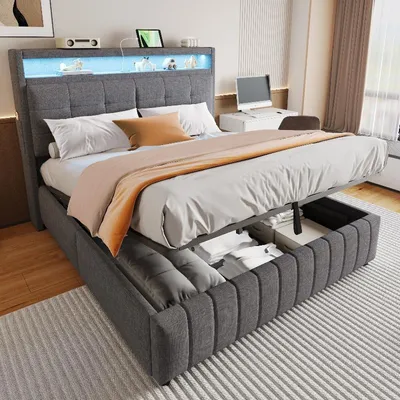 Produktbild von Polsterbett 160x200cm in Grau mit LED-Beleuchtung, USB-Steckdose, Kopfteil mit Regal und Ablagefächern, hydraulischem Stauraum und Lattenrost