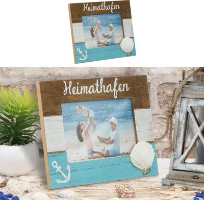 Produktbild von Bilderrahmen "Heimathafen" maritim 21x16x0,9cm Holzrahmen weiß blau natur Bildgröße15x10cm Anker Muschel