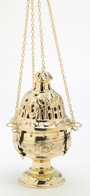 Produktbild von Weihrauchfass mit Kette zum Hängen aus Messing Gold poliert Höhe 24 cm mit Innenschale aus Stahl für die Räucherkohle