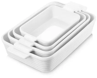 Produktbild von PromoHome® Auflaufform-Set – 4 Stück rechteckige Keramik-Backformen mit Griffen, 38x20x7,4 cm, Weiß