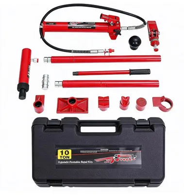 Obrázek produktu pro Sada hydraulických válců – hydraulický zvedák – 10 tun – přenosný – úložný kufr – pro opravy karoserie a rámu – červený