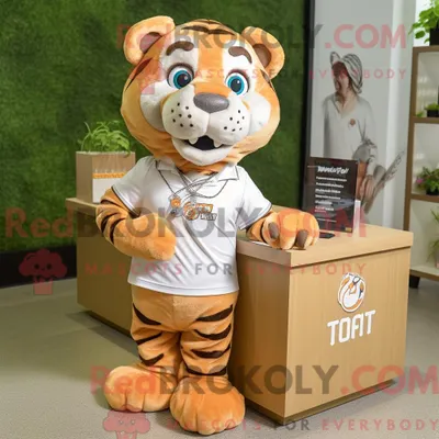 Produktbild von Maskottchenkostüm REDBROKOLY eines hellbraunen Tigers mit Popeline-Hemd und Halsketten