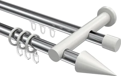 Produktbild von Interdeco Rundrohr-Innenlaufstange / Gardinenstange (Kombination) Chrom / Weiß, Typ Platon Savio (Kegel), 20 mm Ø 2-läufig, 420 cm
