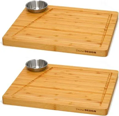 Productafbeelding van Set van 2 bamboe serveerplanken en dipschaaltjes - Houten steakplank, 30x25 cm