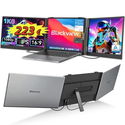 Zdjęcie produktu dla Blackview Przenośny monitor DCM6 14", monitor do laptopa z dwoma ekranami, ultracienki, FHD, do laptopów 13,3"-17,3", certyfikat obrót o 180°, kompatybilny z systemami Windows/Mac/Android