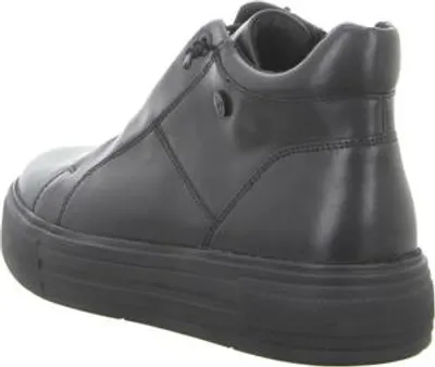 A black leather bootie is shown from the side against a white background.