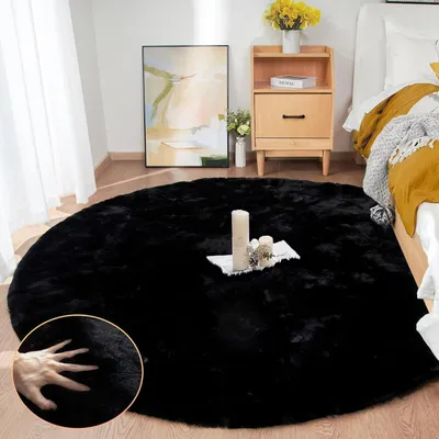 Produktbild von Teppich Rund Flauschig Waschbar Kunstfell 180 cm Schwarz