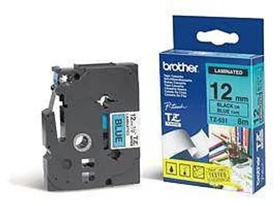 Imagen del producto de Cinta de etiquetado laminada Brother, 12 mm, negra/azul, serie TZ, fabricada en China, 8 metros, 172 mm, 108 mm, 335 mm