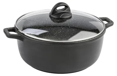 Productafbeelding van Barazzoni kookpan, speciaal model met twee handgrepen en deksel, diameter 28 cm, gemaakt van aluminiumgietsel met een Marmotech coating in 5 lagen. Gemaakt in Italië.