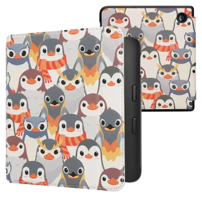 Produktbild von kwmobile Schutzhülle für Kobo Libra 2 Hülle - eReader Flip Case mit Auto Sleep Funktion - Pinguine mit Grau Gelb Braun