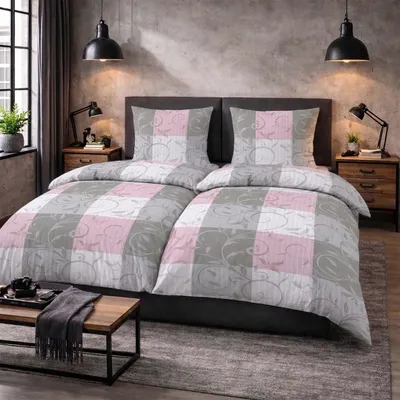 Produktbild von Seersucker Bettwäsche 4er Set 135 x 200 cm mit Reißverschluss in Grau Rosa kariert