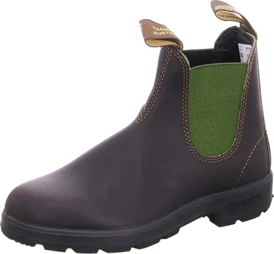 A single brown leather boot with green elastic side panels, shown from a side-diagonal angle against a white background.