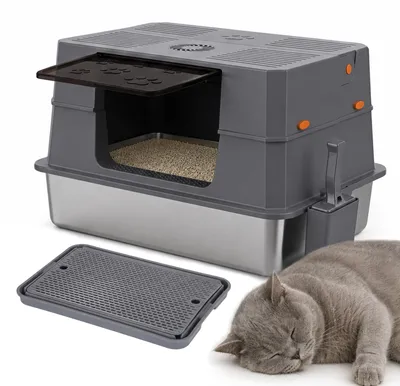 Image de Litière pour chat Peviasot XXL en acier inoxydable, dimensions 71 x 51 x 43 cm, semi-ouverte avec une trappe latérale, spacieuse, de couleur grise et noire