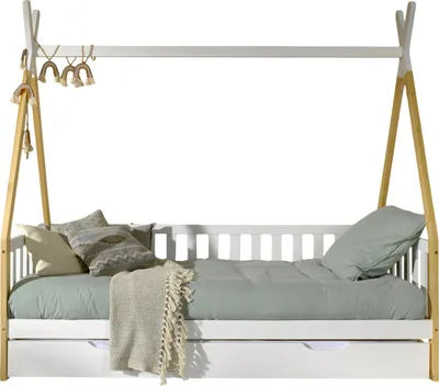 Produktbild von Vipack - Tipi Kojen Bett mit Umrandung, Dachgestänge, Rolllattenrost und Bettschublade (Weiß), Liegefläche 90 x 200 cm, Ausf. Kiefer massive natur und weiß lackiert