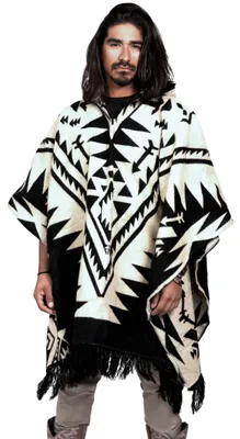 Imagen del producto de DAVLINA, poncho de lana de alpaca con capucha y motivos aztecas, único y hecho a mano