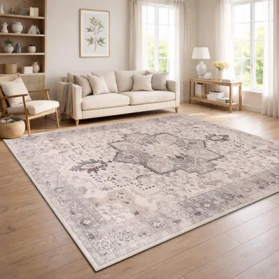 Produktbild von Vintage Boho moderner Wohnzimmerteppich Kurzflor waschbar rutschfest Beige Bunt Grösse 240x340 cm