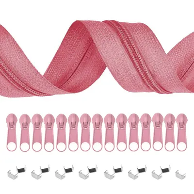 5m Endlos-Reißverschluss 3mm mit 10 Zippern und 15 Endstücke malvenrosa