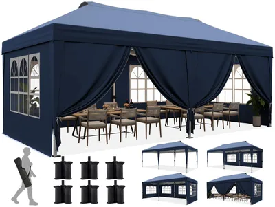 Produktbild von Quictent 3x6m Faltpavillon, Pavillon EIN-Tasten-Zentralverriegelung, faltbar mit 6 Seitenwänden, UV-beständig, Gartenpavillon , Blau
