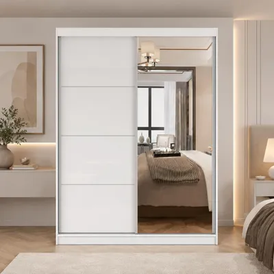 Produktbild von Schwebetürenschrank Malta 35 Weiß Hochglanz 183 cm mit Spiegel, 2-türiger Kleiderschrank