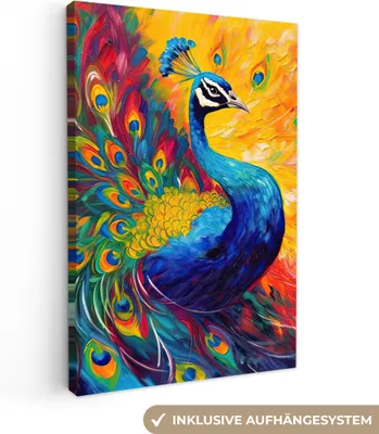 Produktbild von MuchoWow® - Leinwandbilder - Pfau - Kunst - Malerei - Pfauenfedern, Wandbild, Wanddeko Bilder Wohnzimmer, 60x90 cm