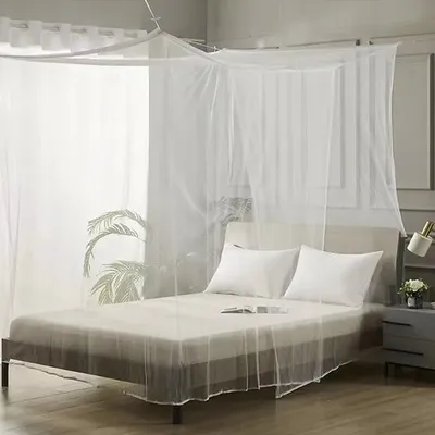A bedroom with a bed covered by a white mosquito net.