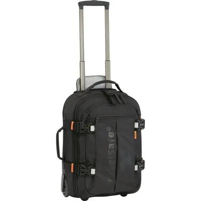 A black trolley bag with its handle extended, shown against a white background.