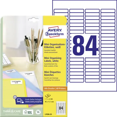 Zdjęcie produktu dla Avery L7656-25, Biały, Papier, 46 x 11.11 mm, 2100 szt., 25 ark., A4