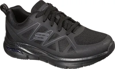 A black Skechers sneaker is shown from a side angle against a white background.