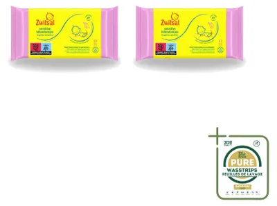 Imagen del producto de 2 paquetes de toallitas húmedas Zwitsal Baby, formuladas para pieles sensibles, con 57 unidades cada uno. Paquete económico