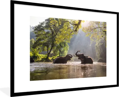 Produktbild von MuchoWow® MuchoWow® Gerahmtes Poster Elefant - Wasser - Tiere - Bäume - Sonne 90x60 cm - Poster mit zchwarzem Bilderrahmen - Wanddekoration - Fotos