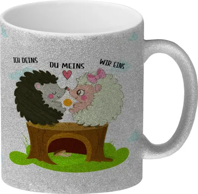 Produktbild von Igel Pärchen Glitzer-Kaffeebecher mit Spruch Ich deins du meins wir eins
