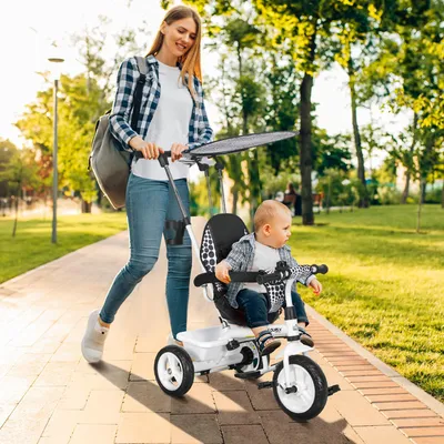 Productafbeelding van Driewieler voor kinderen, 6-in-1 met duwstang, zonnekap, 5-punts veiligheidsgordel, driewieler voor baby's en peuters, wit | 105x47x98 cm | Wielen: Ø10" | Geschikt voor kinderen van 1-5 jaar