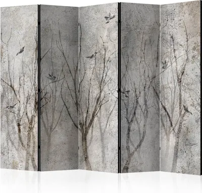 Produktbild von Neuheit! Dekorativer Paravent Raumteiler Trennwand Foto-Paravent Spanische Wand XXL BÄUME VOGEL BETON OPTIK 225x172 cm c-C-0490-z-c