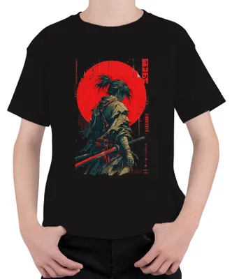 Obrázek produktu pro Samuraj, ronin, katana, válečník, Japonsko, červené slunce, anime, styl Y2K, Bushido, dětské tričko, černá barva, velikost 128