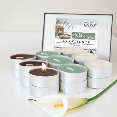 Produktbild von HOFER Teelichter Duft - 18 Stück - [Relax] - Teelichte mit sanftem Blüten Duft - Duftteelichter, Duftkerzen, bunte Teelichter