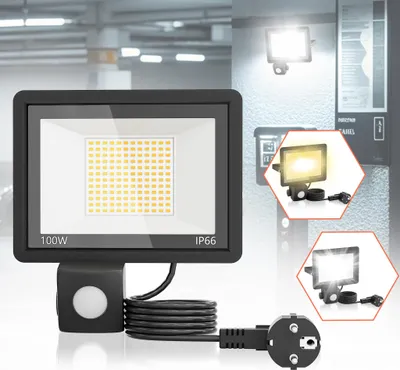 Obrázek produktu pro XINZI 100W LED reflektor (indukční reflektor) studené světlo s EU zástrčkou, venkovní detektor pohybu - IP66, světlo pro zahradu, terasu, garáž, dvůr