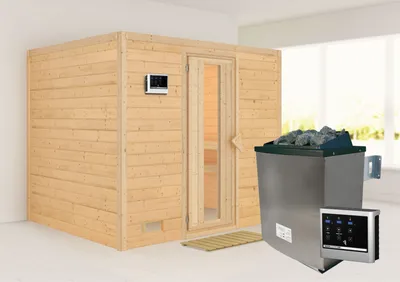 Produktbild von Karibu Sauna Innensauna Sonara Fronteinstieg Ofen 9 KW externe Strg easy 231x195x200 cm ohne Dachkranz mit Energiespartür