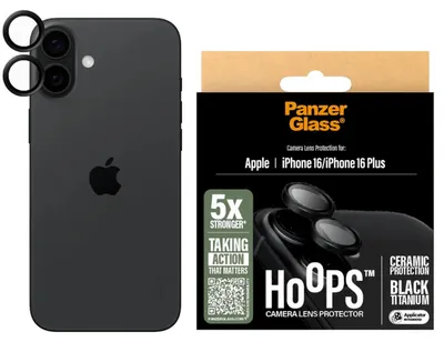 Zdjęcie produktu dla PanzerGlass ® Hoops® Ceramic Camera Lens Protector iPhone 16 | 16 Plus, Apple, Apple - iPhone 16, Apple - iPhone 16 Plus, Aplikacja na sucho, Odporny na zadrapania, Odporny na wstrząsy, Czarny, 1 szt.
