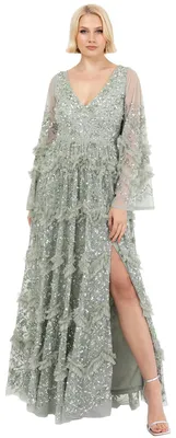 Productafbeelding van Maya Deluxe damesjurk, maxi-model, met V-hals, versierd met pailletten en een ruchesdetail in empirestijl