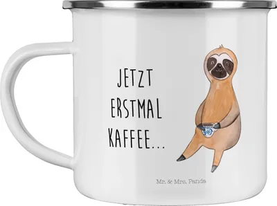 Produktbild von Mr. & Mrs. Panda Teetasse Faultier Kaffee - Weiß - Geschenk, Pott, Blechtasse, Campingbecher, Emaille Tasse, Kaffeepott, Coffee, Faultiere