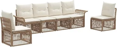 Imagen del producto de Conjunto de sofá de jardín de ratán, 6 piezas, color beige. Juego de sillones de exterior de polirratán para jardín, terraza y balcón. Juego de muebles de jardín modulares para 6 personas, con sofá y cojines